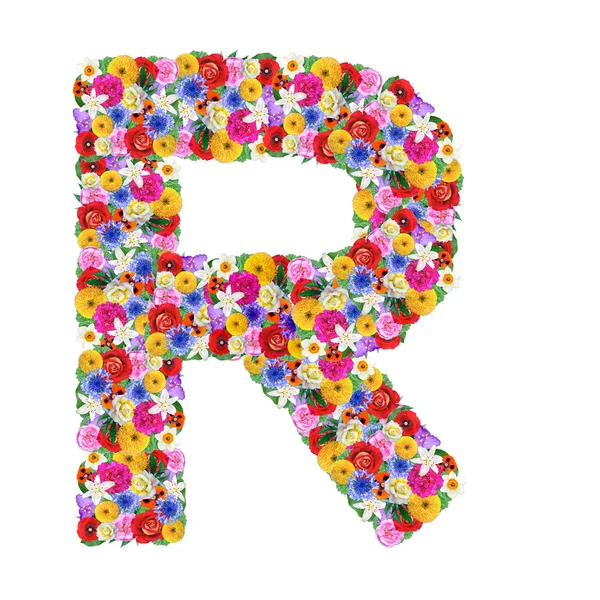 R, γράμμα του αλφαβήτου σε διαφορετικά λουλούδια — Φωτογραφία Αρχείου