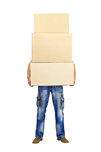 Homme tenant une pile de boîtes en carton — Photo