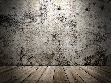 Beton duvar ve grunge tarzı ahşap zemin