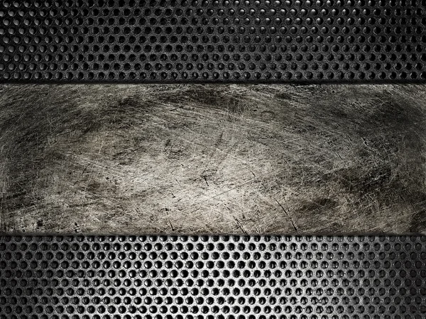 Old scratched metal plate on the background grid — Stock Photo, Image