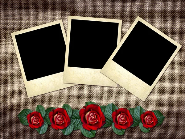 Polaroid-style photo on a linen background with red rose — Stock Photo, Image