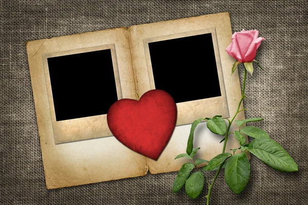 Two old-style photo with red paper heart with pink rose — Stock Photo, Image