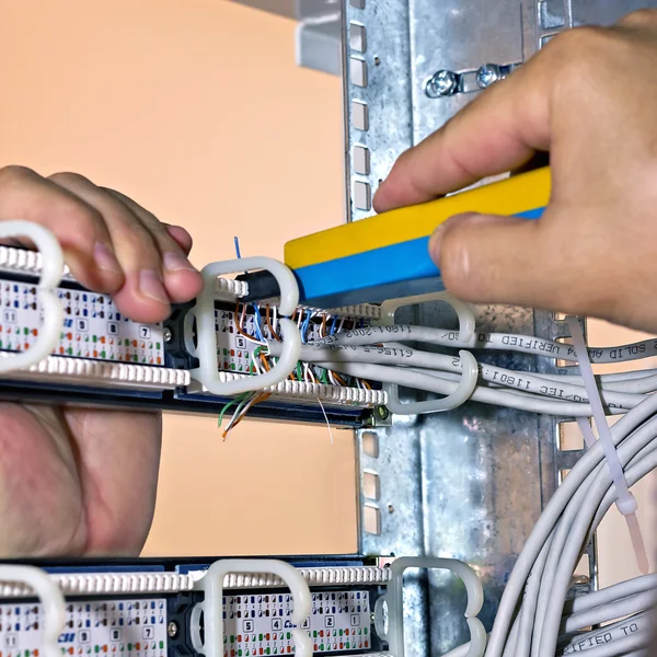 Assembly network patch panels, rear view — Stock Photo, Image