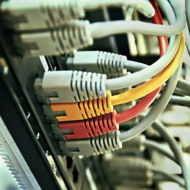 Patch panel sunucu rafı gri sarı ve kırmızı kabloları ile
