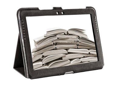 Beyaz arkaplanda izole edilmiş bir tablet ekrandaki kitap yığını