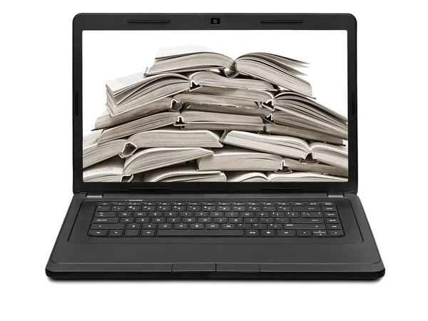 Stapel Boeken Een Laptop Scherm Geïsoleerd Witte Achtergrond — Stockfoto