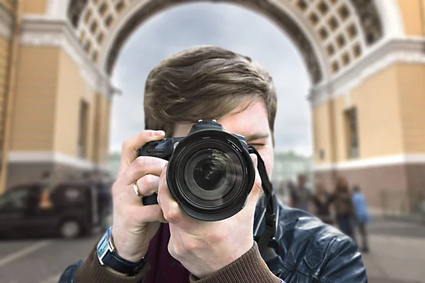 Photographer Takes Picture Front View Close — Stock Photo, Image