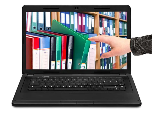Laptop Mit Ordnern Auf Dem Bildschirm Isoliert Auf Weißem Hintergrund — Stockfoto
