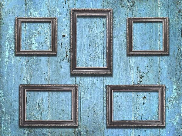 Vieux Cadres Bois Sur Fond Bleu Vintage Bois — Photo