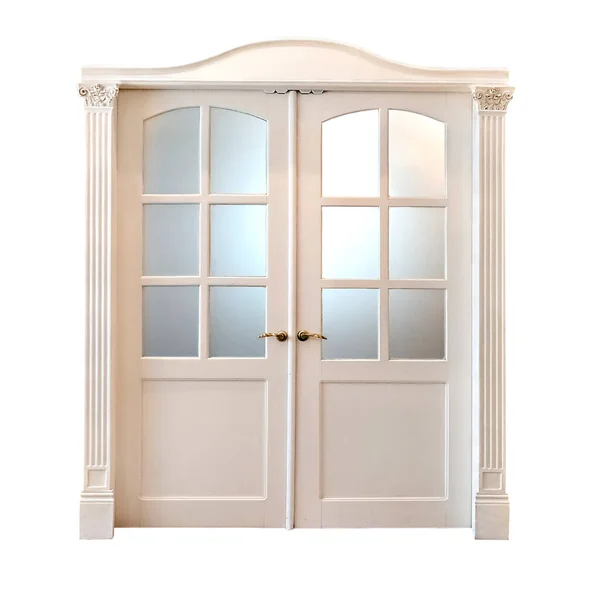Λευκή Δίφυλλη Πόρτα Κλασικού Σχεδιασμού Απομονωμένη Λευκό Φόντο — Φωτογραφία Αρχείου