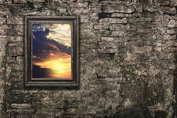 Vintage Frame Oude Bakstenen Muur Als Raam Met Zonsondergang — Stockfoto