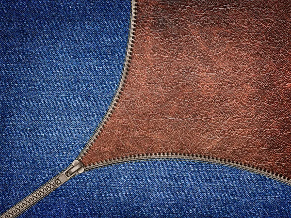 Offener Grauer Reißverschluss Jeansstoff Auf Dem Hintergrund Von Bis Leder — Stockfoto