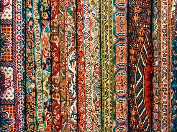 Indian Carpets Rolled Rolls Background — Stock Photo, Image