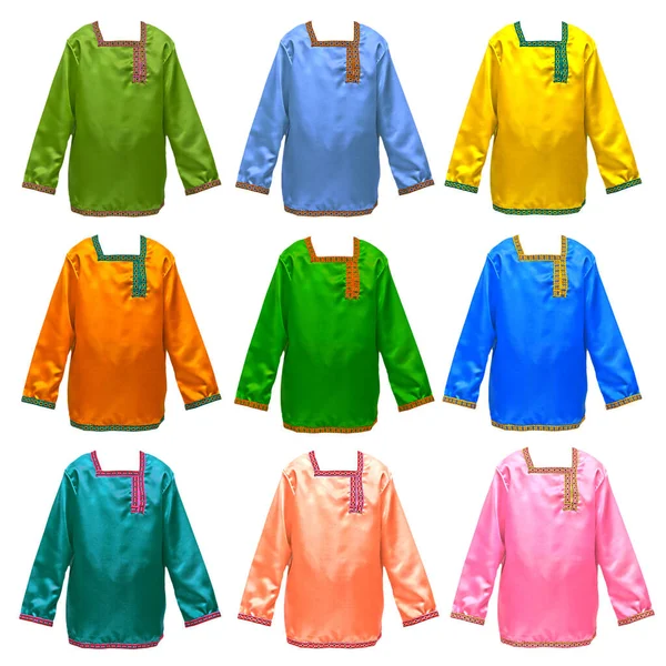 Samling Flerfargede Russiske Nasjonale Skjorter Med Mønsterbroderier Isolert Hvit Bakgrunn – stockfoto
