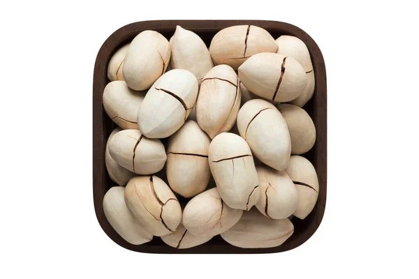 Shelled Vanilla Fried Pecan Nuts Wooden Bowl Closeup Vegetarian Food — 图库照片