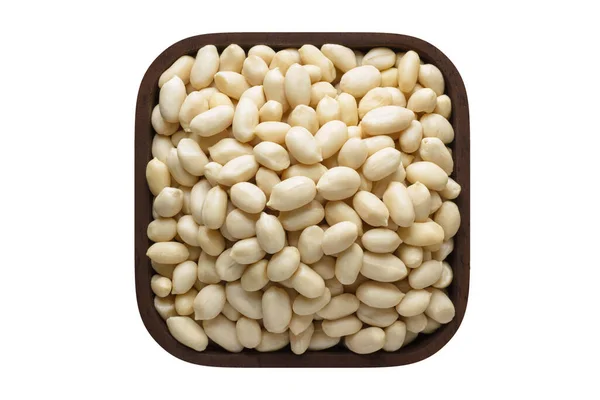Peanut Peeled Wooden Bowl Closeup Vegetarian Food Isolated White — стоковое фото