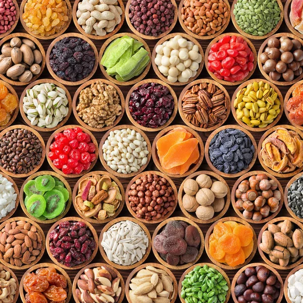 Collection Dried Fruit Nuts Background Healthy Snacks Vegan — Stock Photo, Image