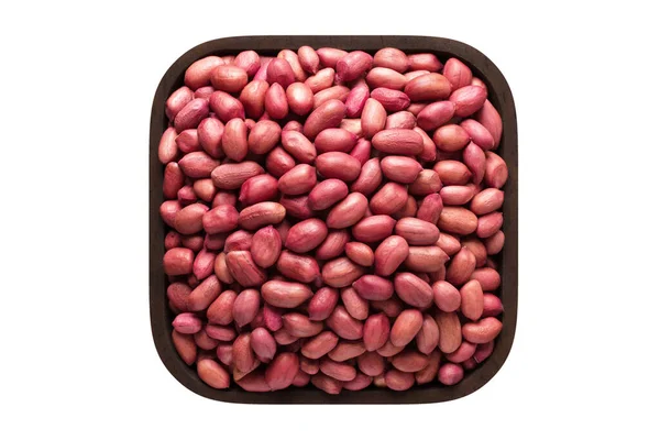 Peanut Asian Peeled Wooden Bowl Closeup Vegetarian Food Isolated White — Stock Photo, Image
