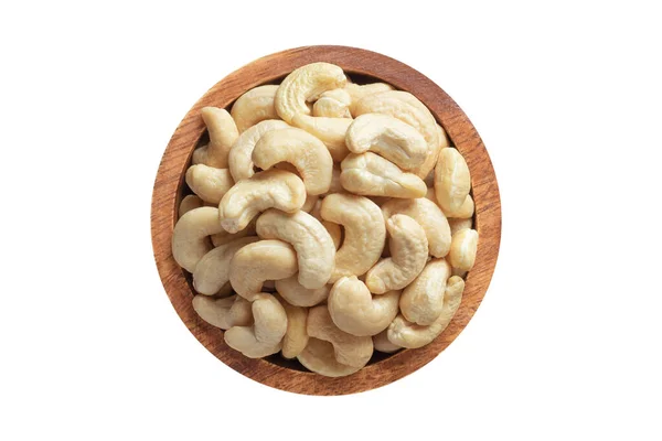 Cashewnoten Rauw Geschild Houten Kom Geïsoleerd Wit Gezond Eten Bovenaanzicht Stockfoto