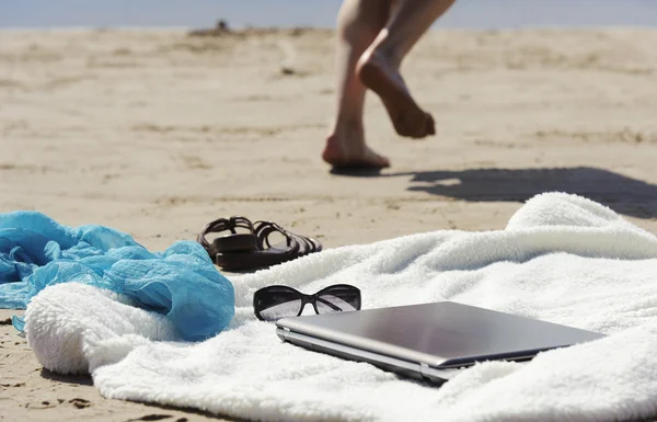 Şal, laptop, eşarp ve katırlar sahilde Stok Fotoğraf