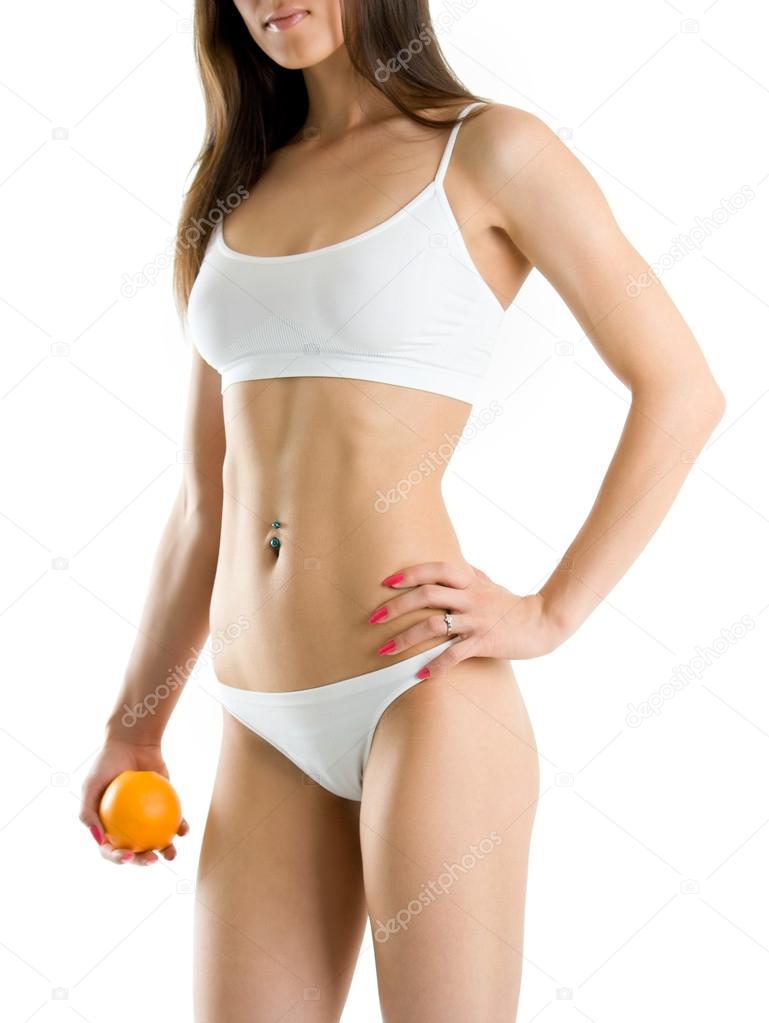 Young woman body and hand holding orange isolated on white background