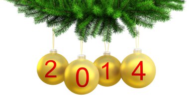 Noel ağacı Noel sarı topları 3D render 2014 için