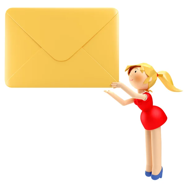 3D рендеринг молодої ділової жінки, що тримає жовтий лист конверта в руці — стокове фото