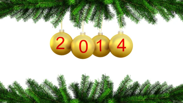 3d render of Christmas yellow balls on the Christmas tree for 2014 — Stock Photo, Image