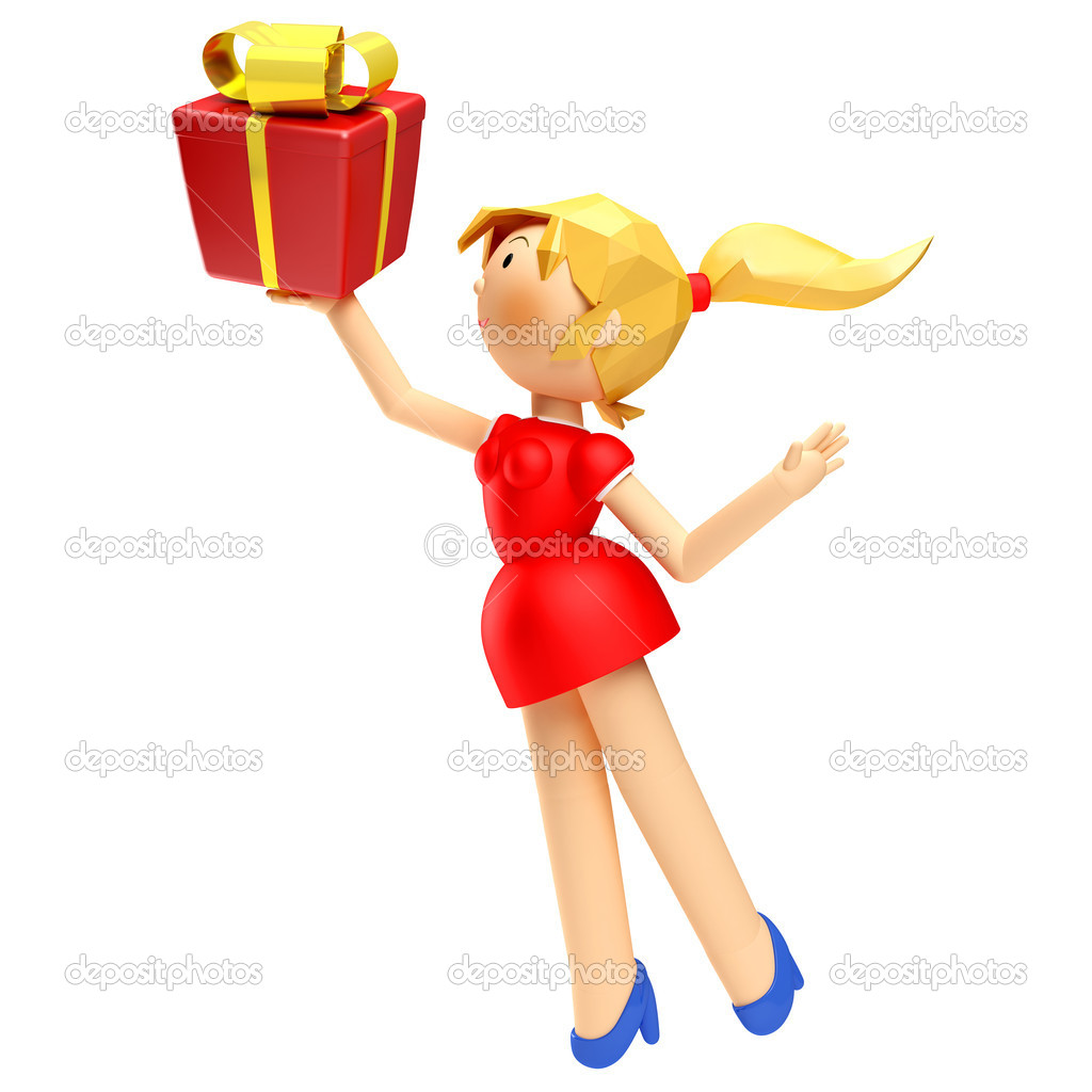 3D Render of happy woman holding gift box, isolated on white background