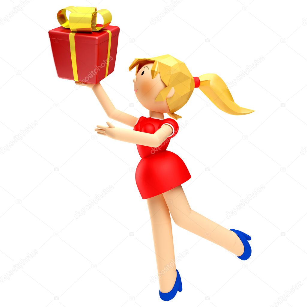 3D Render of happy woman holding gift box, isolated on white background