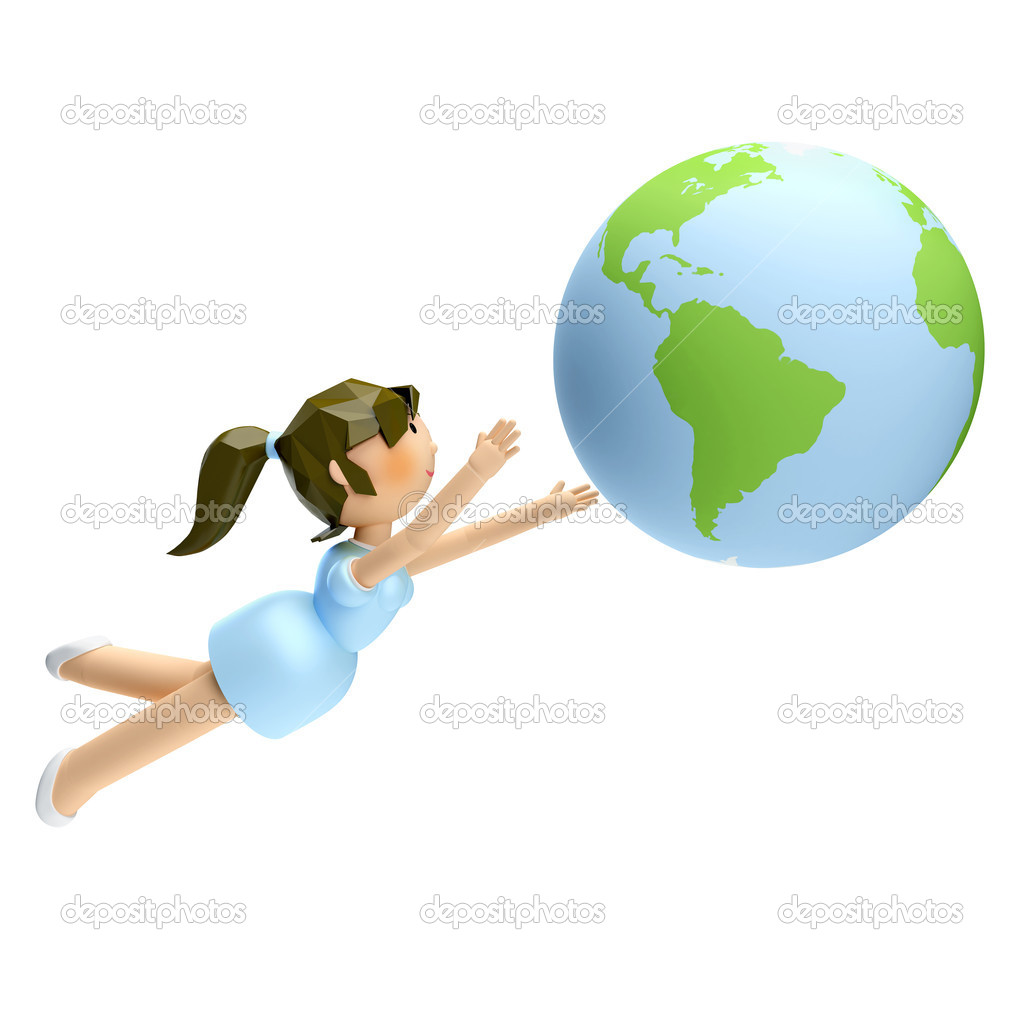 3D Render of smiling beautiful woman looking at the earth in her hand