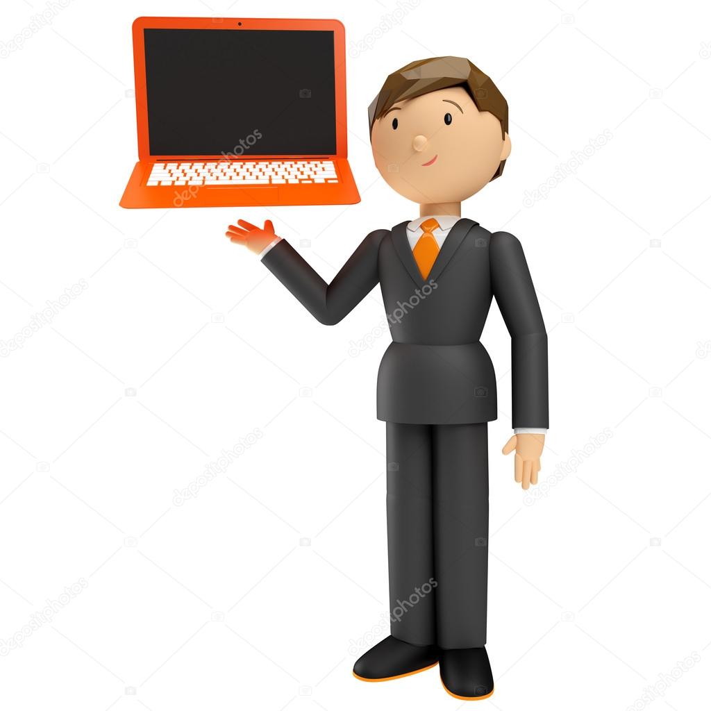 3d render of human with laptop isolated on white background