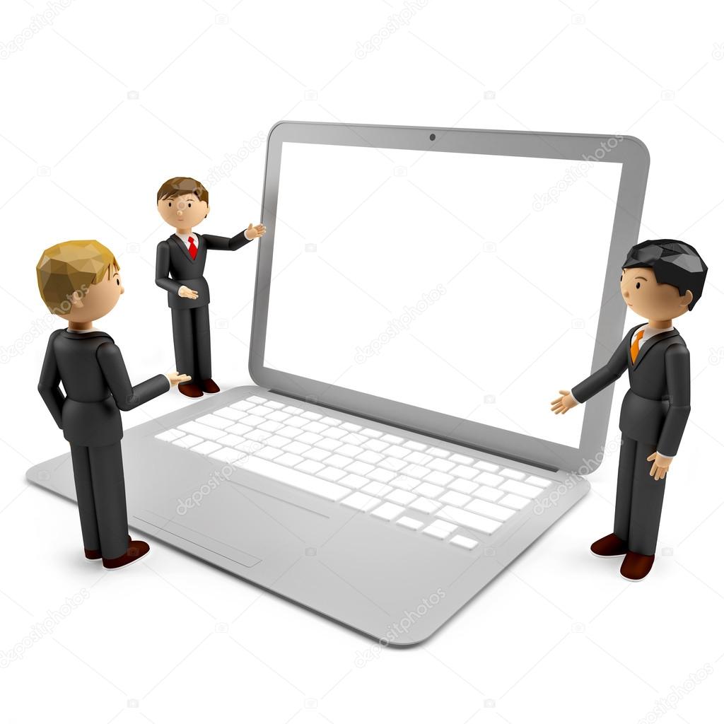3d render of humans with laptop isolated on white background