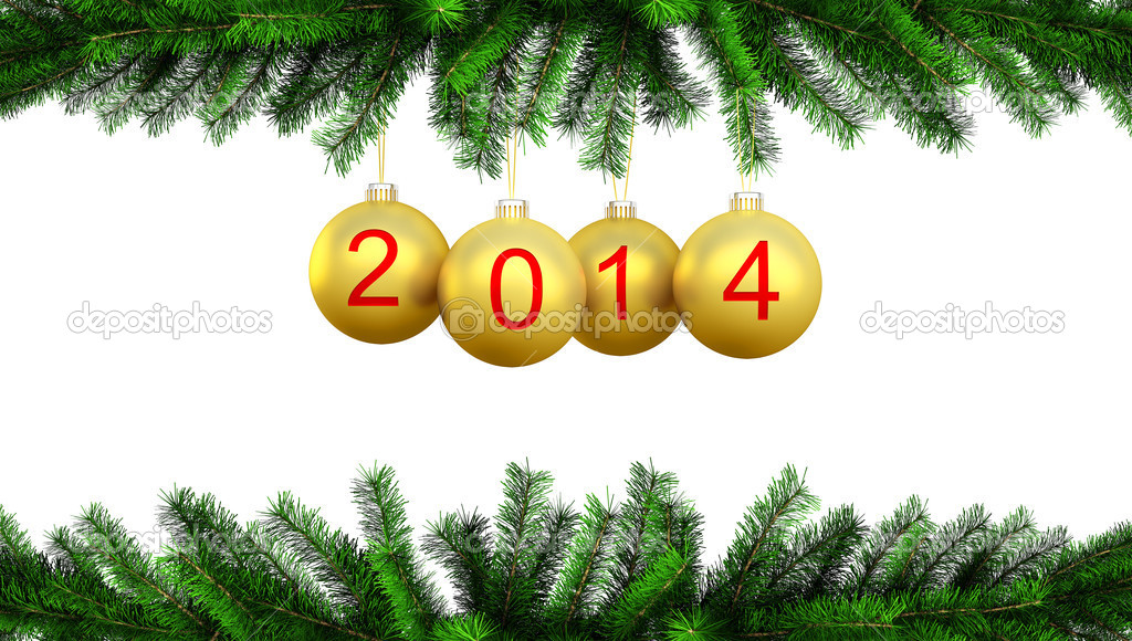 3d render of Christmas yellow balls on the Christmas tree for 2014