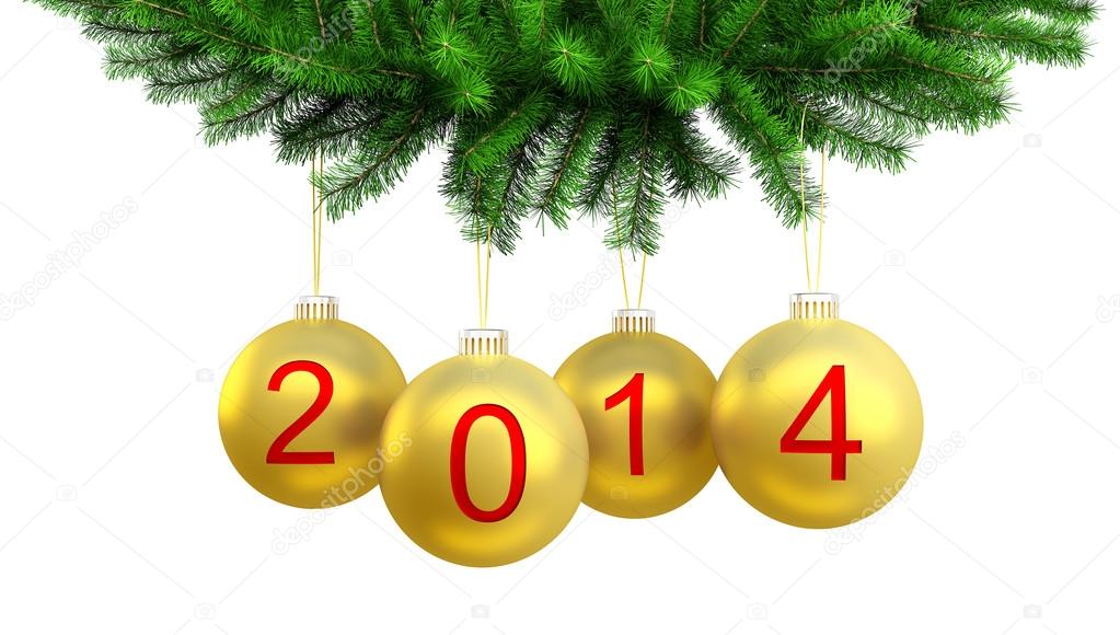 3d render of Christmas yellow balls on the Christmas tree for 2014