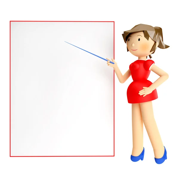 3d render of woman holding blank board and pointing finger at it over white background with reflection — Stock Photo, Image