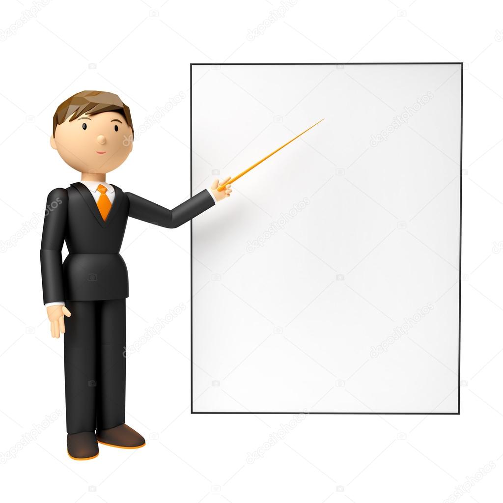 3d render of man holding blank board and pointing finger at it over white background