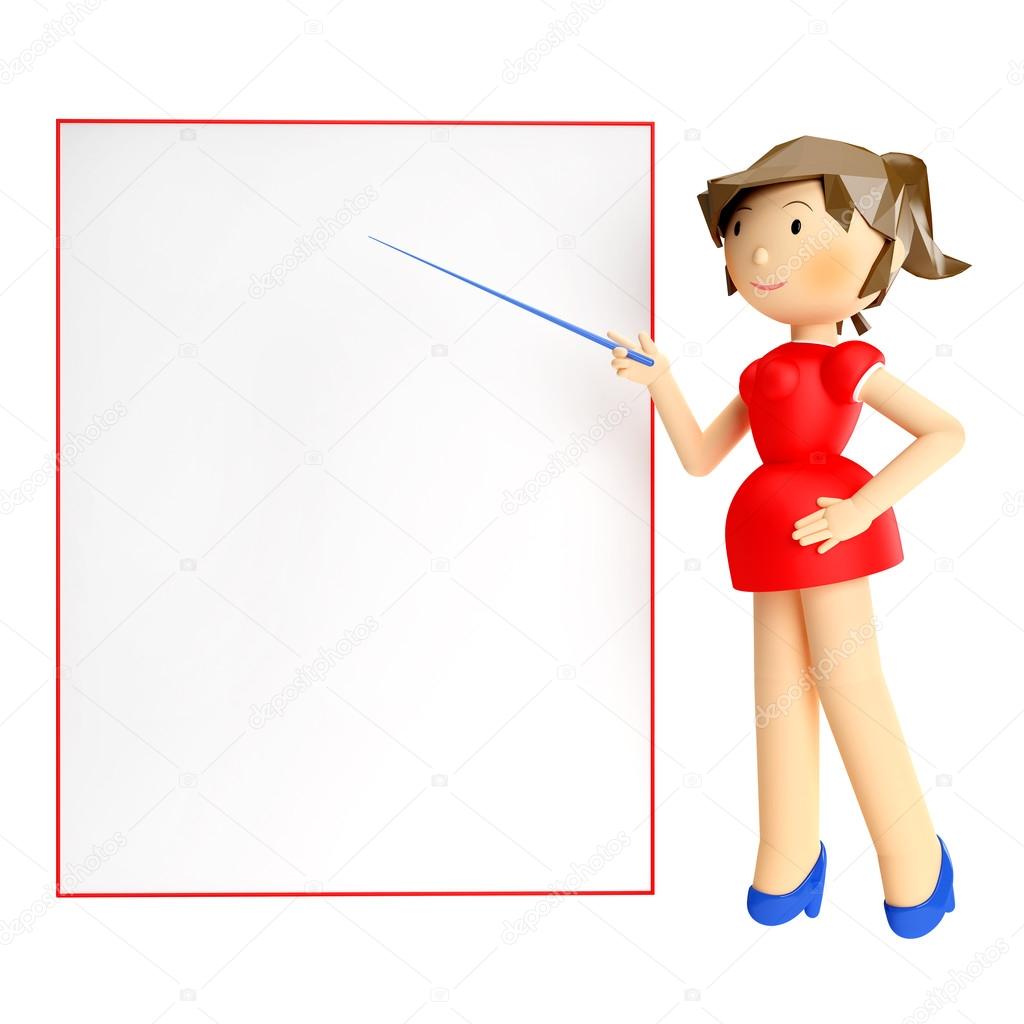 3d render of woman holding blank board and pointing finger at it over white background with reflection