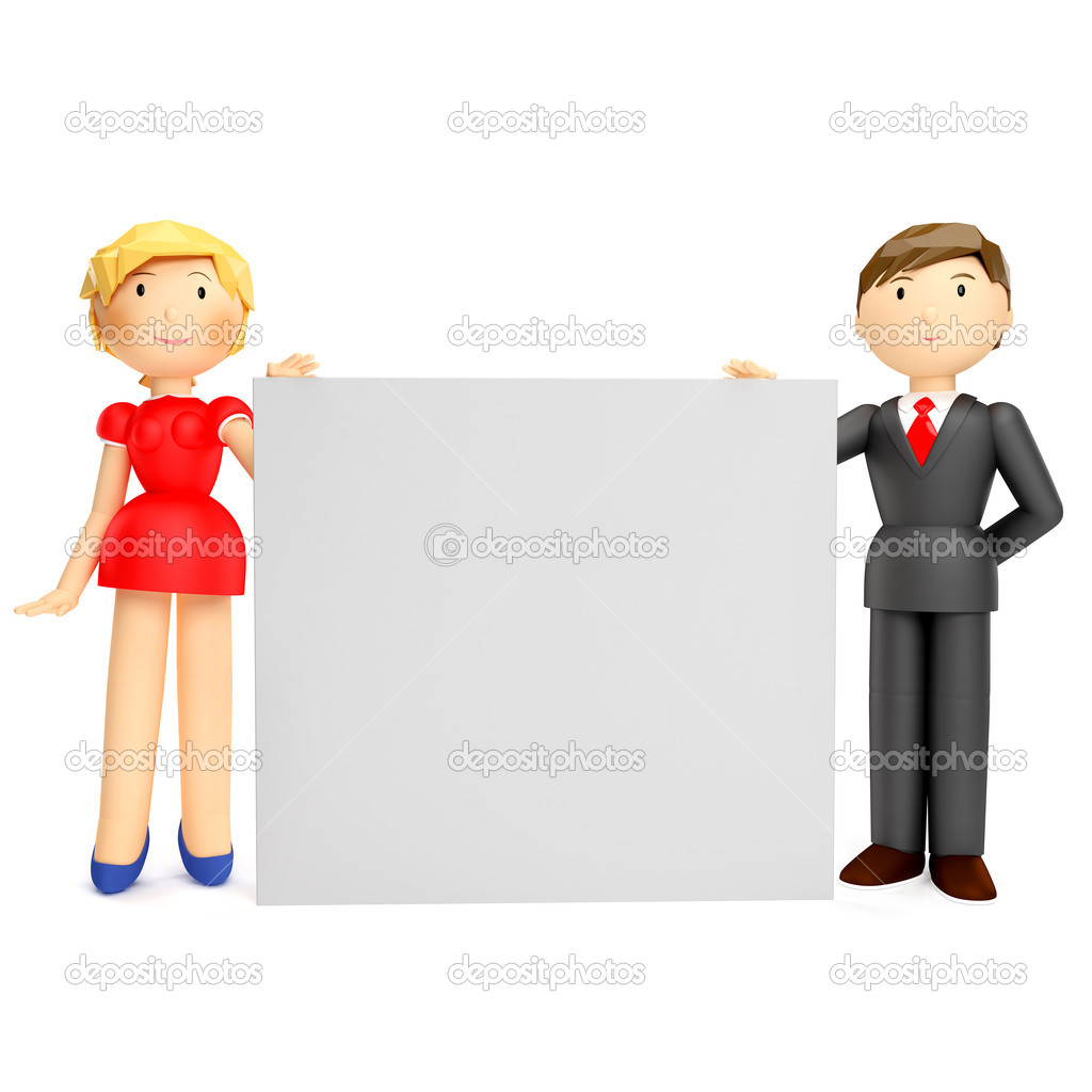 3D render of business man and woman holding blank board