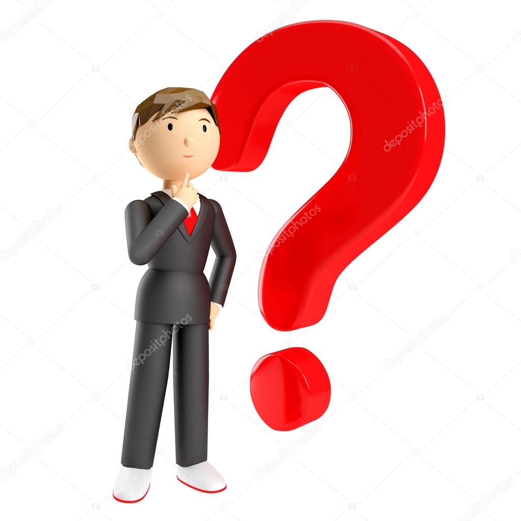 3d render of man with red question mark over white background