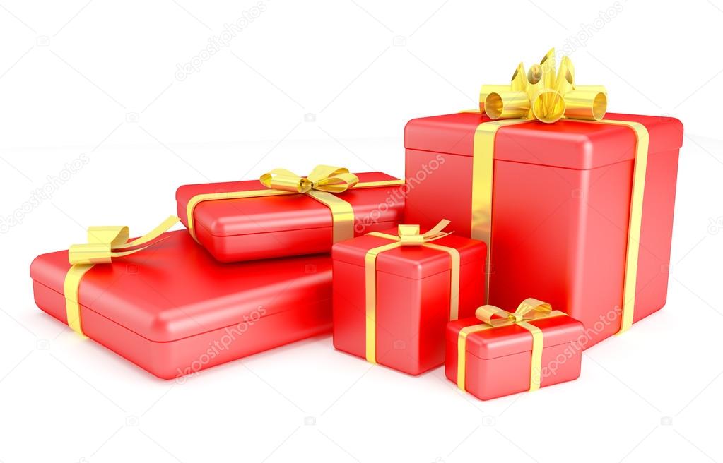3D render of red gift boxes with yellow ribbons over white background