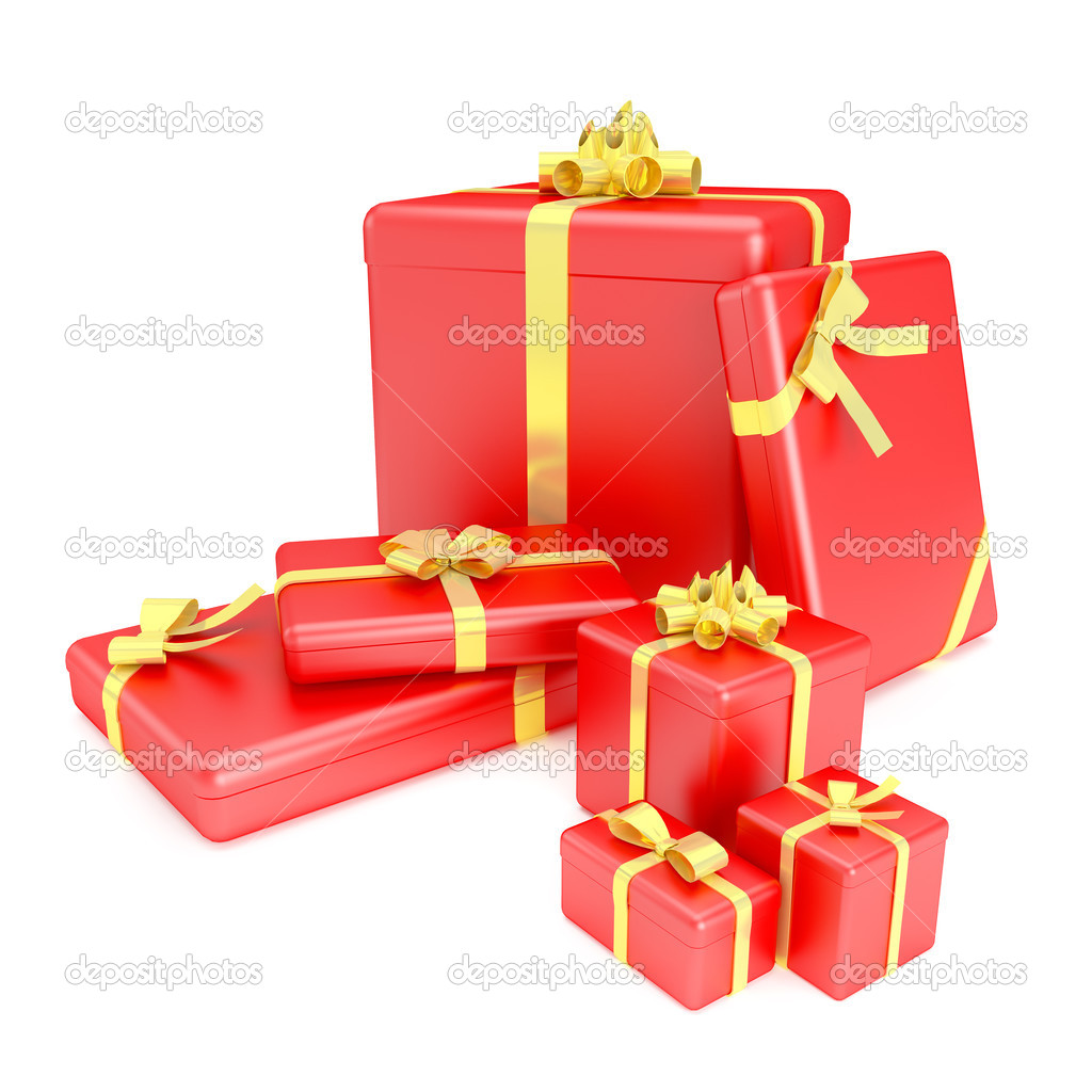 3D render of red gift boxes with yellow ribbons over white background
