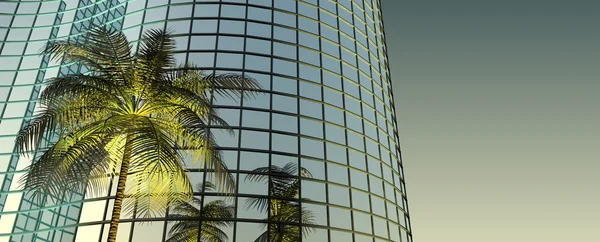 Árvore de palmeira 3d e prédio de escritórios sob o sol — Fotografia de Stock