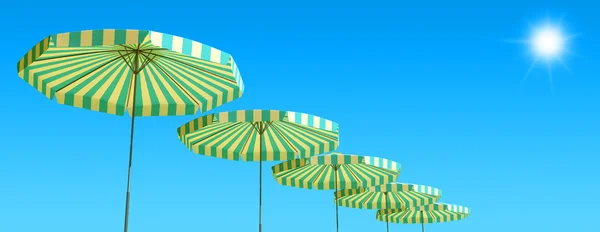 3D καθιστούν του Πανοράματος τροπική παραλία με ομπρέλες — Φωτογραφία Αρχείου