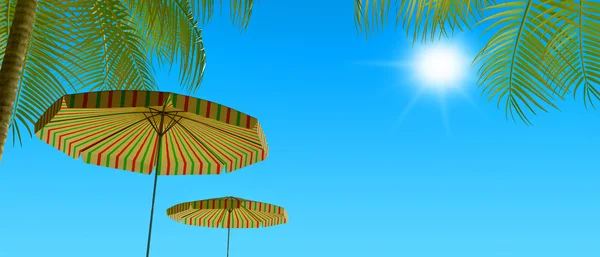 3D-Darstellung eines tropischen Strandpanoramas mit Sonnenschirmen und Palmen — Stockfoto