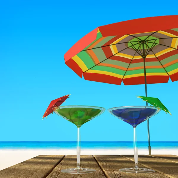Meyve kokteyli bir plajda 3D render — Stok fotoğraf