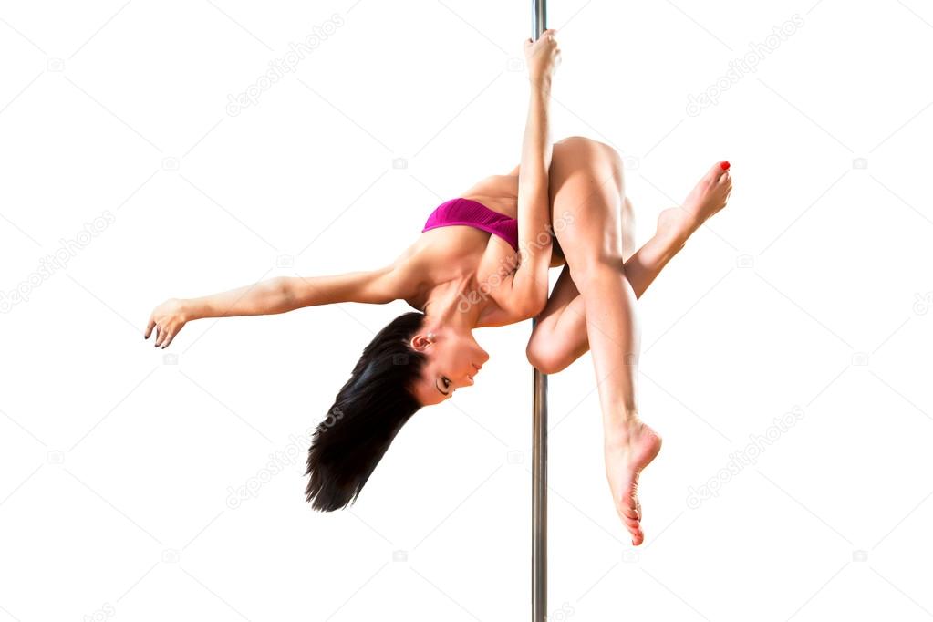 Young pole dance woman. Bright white colors.