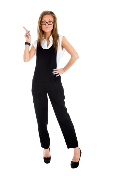 Business woman pointing showing and looking to the side up at em — Stock Photo, Image