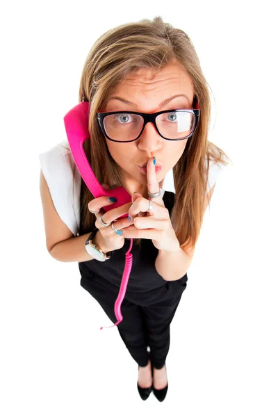 Portrait of a middle aged woman talking on vintage telephone ove — Stock Photo, Image