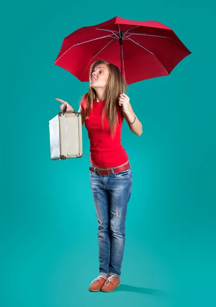 Woman going to summer vacation with suitcase — Stock Photo, Image